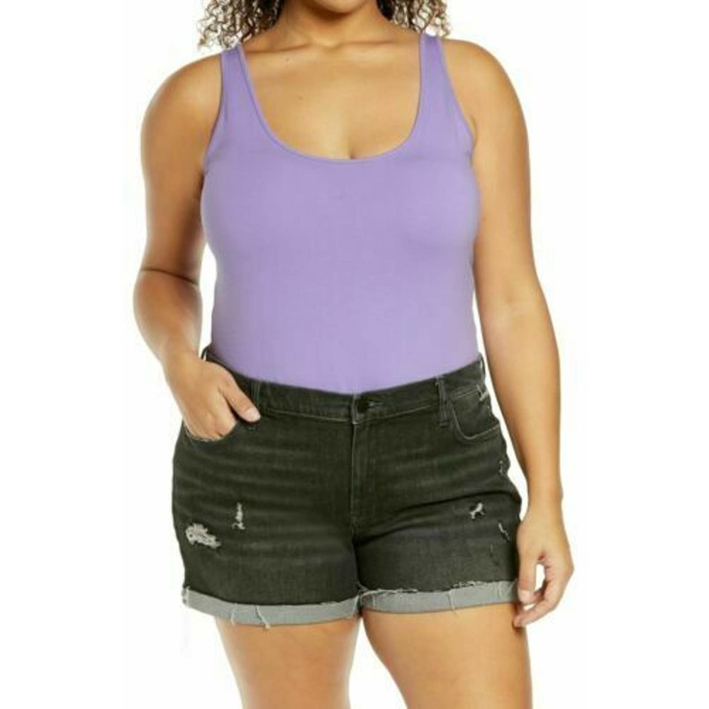 BP Women's Plus Size Knit Sleeveless Square-Neck Thong Bodysuit Purple 1X, NWT